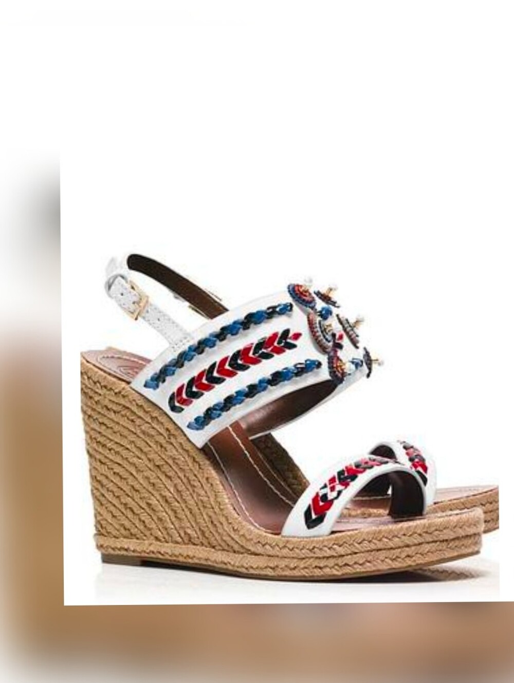 Tory Burch Cream Espadrille Wedges with Red & Blue Braided Detail Sz 8.5